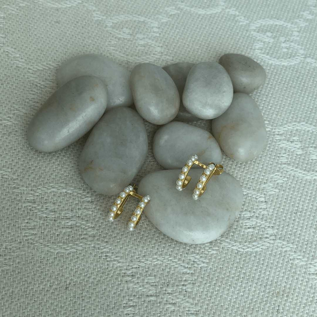 sterling silver 18k gold plated double pearl huggie earrings