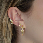 Load image into Gallery viewer, woman wearing sterling silver 18k gold plated double butterfly hoops

