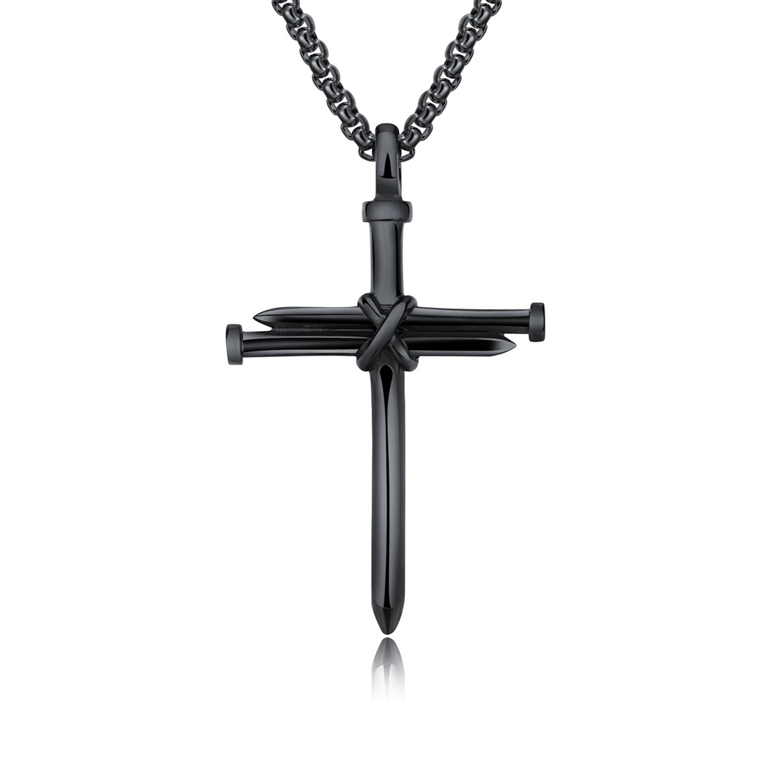 stainless steel gun metal plated box chain necklace with cross pendant